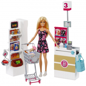 Barbie  Кукла с серой тележкой в супермаркете FRP01